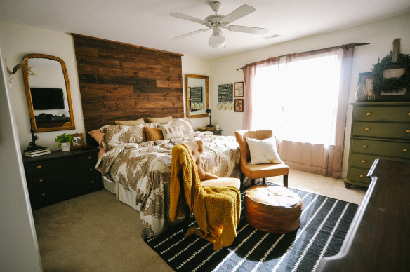 Rustic and Eclectic Bedroom (love that DIY headboard)