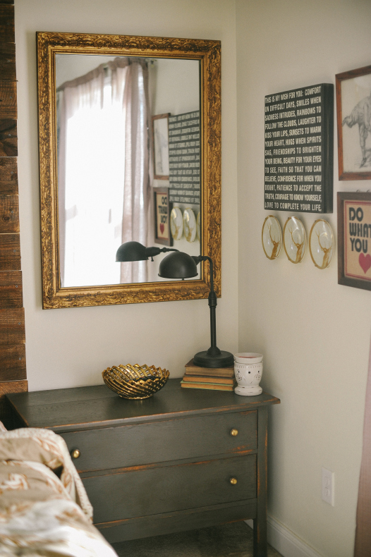 Eclectic bedroom art - part of an amazing house tour