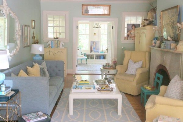 Tranquil living room - love the mix of furniture and color! kellyelko.com