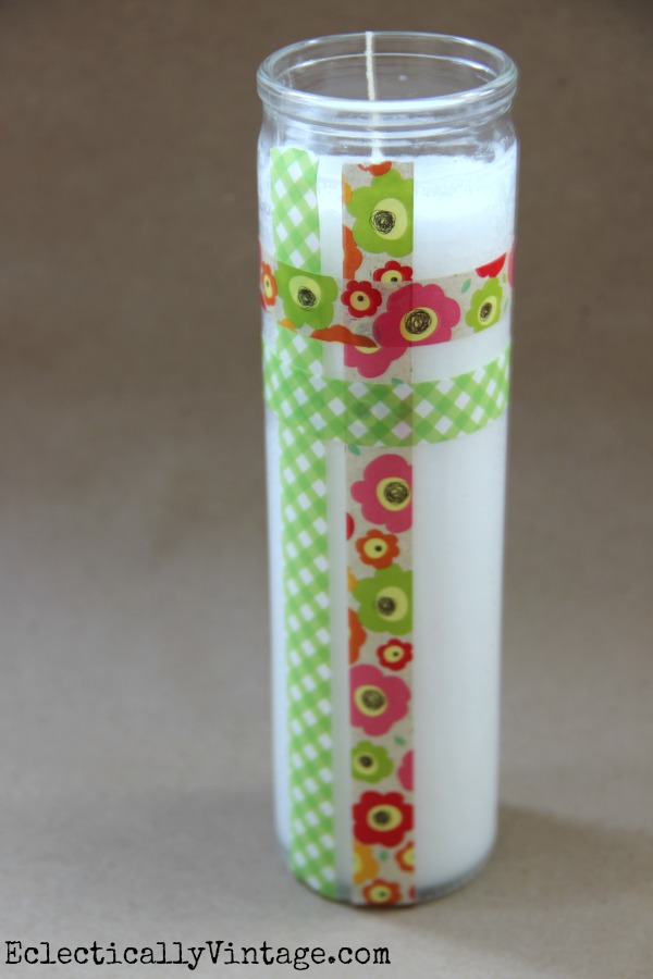 Washi Tape is perfect for dressing up plain candles!  One of 5 fun decorative tape ideas at kellyelko.com