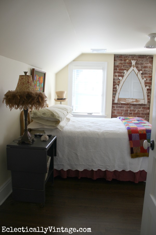 Guest Room - love the exposed brick kellyelko.com