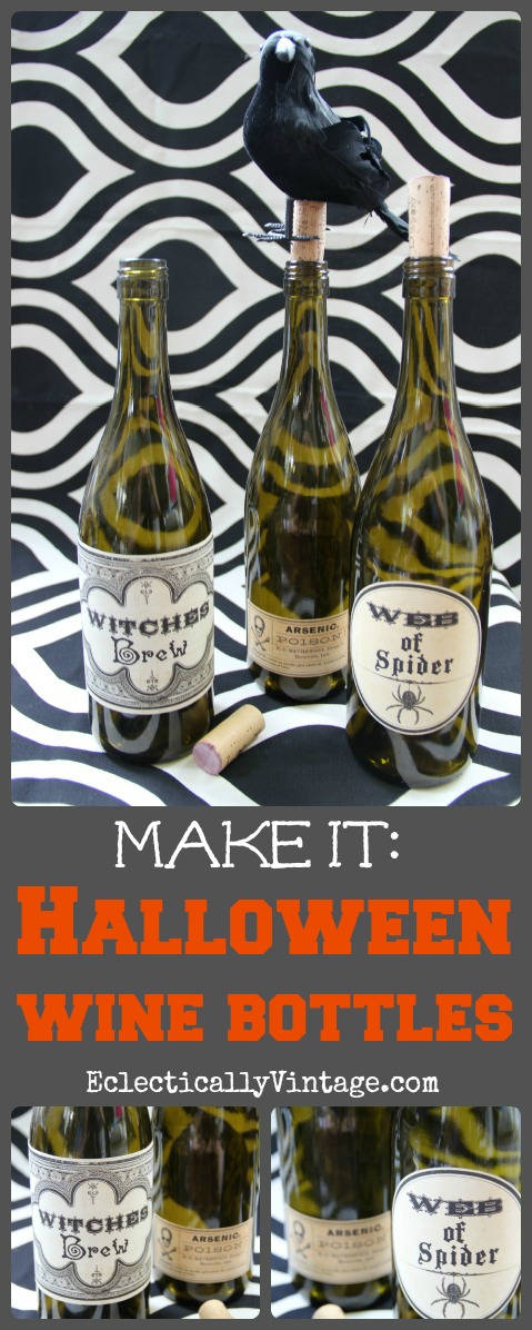 #Halloween Crafts - Poison Wine Bottles with FREE #Printable kellyelko.com