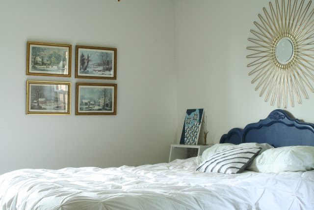 Vintage guest bedroom - love the painted headboard