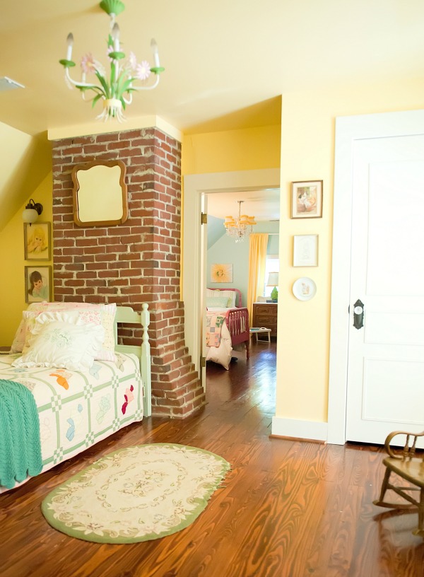 Vintage girls bedroom - love the exposed brick