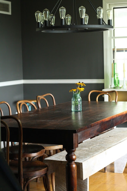 Bold dining room - love the white bench that adds a casual vibe