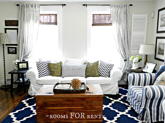 Nautical family room - great mix of patterns