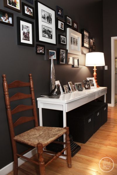 Beautiful hallway gallery wall - love the wall color kellyelko.com