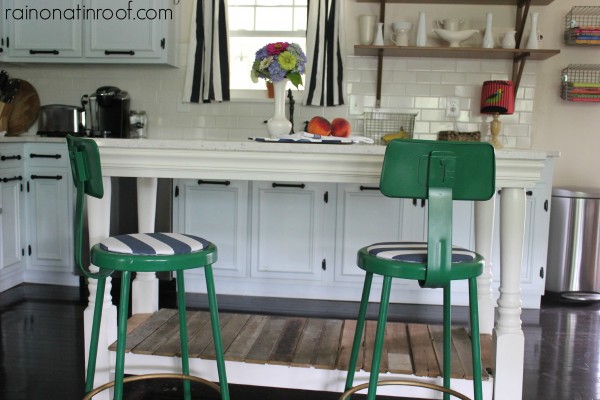 House decorating ideas tour of Rain on a Tin Roof - love the green barstools kellyelko.com