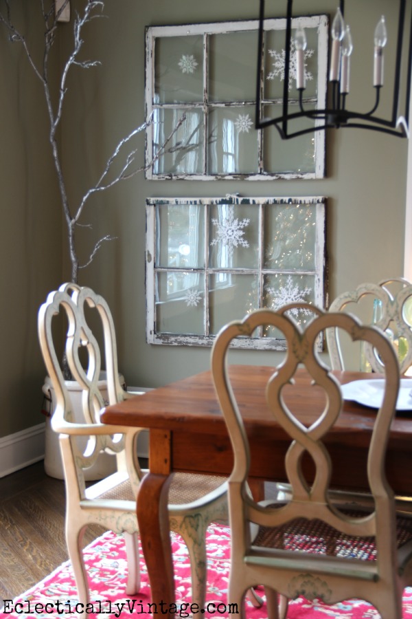 Snowflake windows in this wintry white dining room kellyelko.com