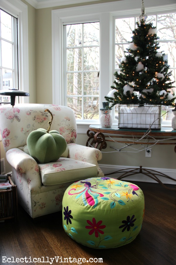 Christmas in the Sunroom - love the little snowball tree in the crate kellyelko.com