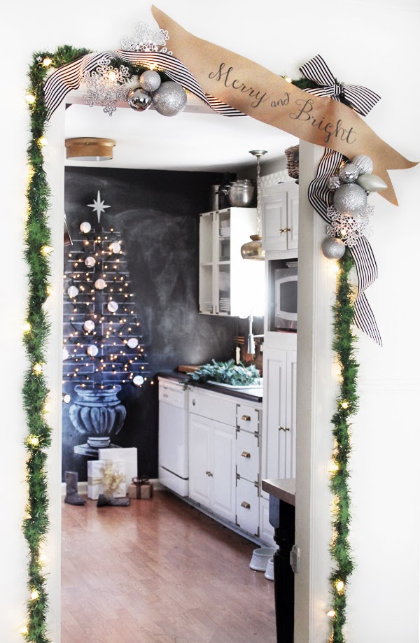 Christmas door garland - and love the chalkboard Christmas tree!