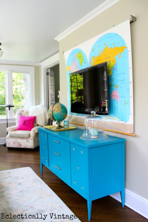 Colorful Sunroom tour - love the map! kellyelko.com