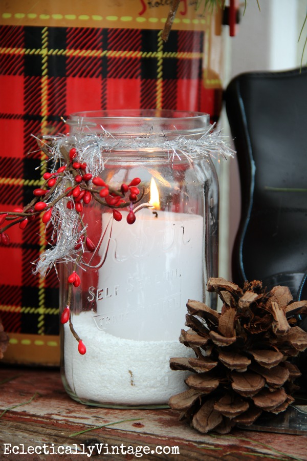 Snowy mason jar candle - fun on this winter porch kellyelko.com