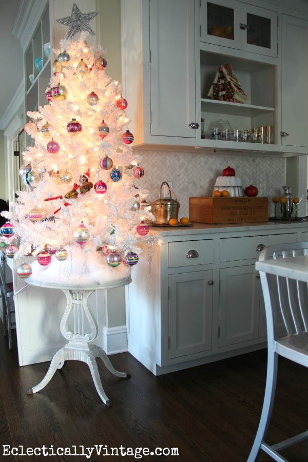 Christmas Kitchen - love the white Shiny Brite tree!  kellyelko.com