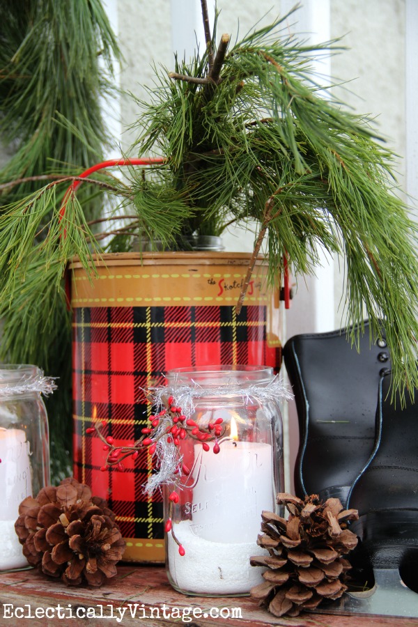 Vintage winter porch - love the old tartan cooler kellyelko.com