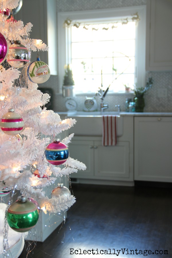 Vintage white flocked Christmas tree and kitchen tour kellyelko.com