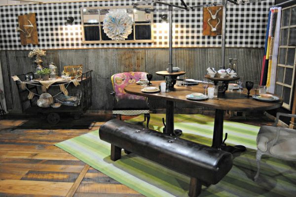 Upcycled Dining Room at the Philadelphia Home Show - love the pommel horse bench!