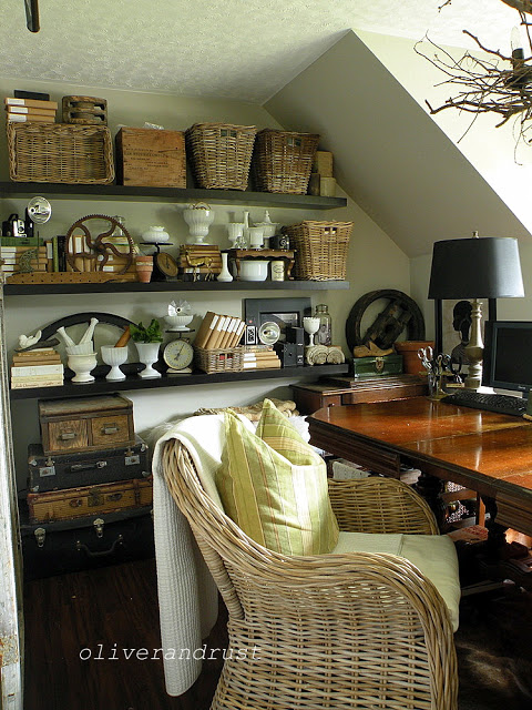 Vintage lovers home office - love the mix of baskets