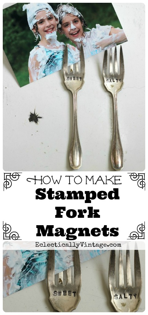 How to Make Magnetic Stamped Forks - perfect photo display for the fridge! kellyelko.com