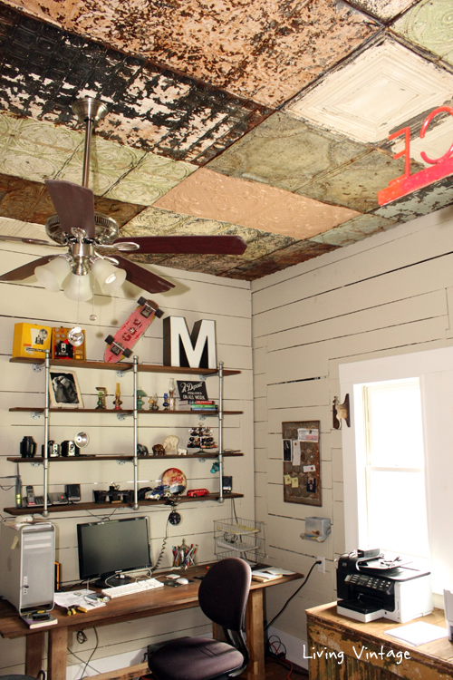 Very cool old ceiling tiles in this vintage home office