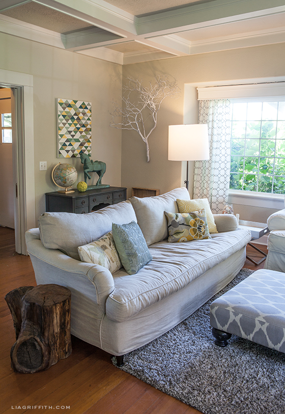 Bright family room of Lia Griffith part of this beautiful home tour featured at kellyelko.com