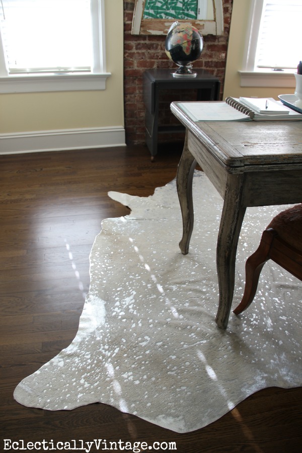 Office Makeover - love the Devour Cowhide Rug kellyelko.com