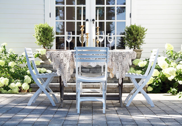 Romantic patio - love the hydrangeas kellyelko.com