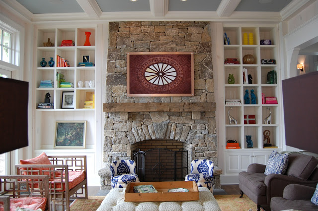 Stone fireplace is stunning in this mountain home kellyelko.com