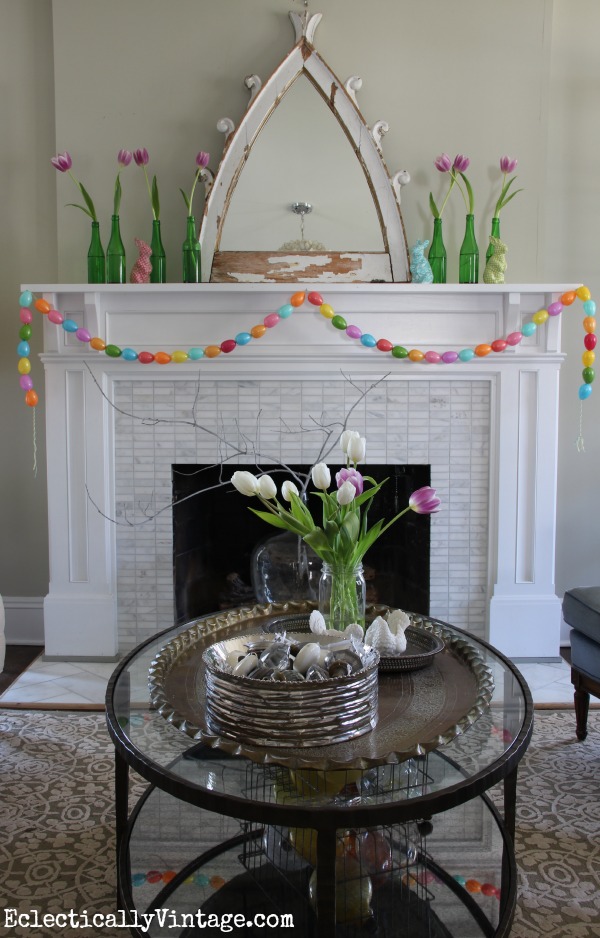 Love this spring mantel - and that cute egg garland she made! kellyelko.com