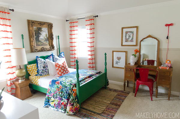 Love this colorful bedroom - so many great DIY ideas kellyelko.com