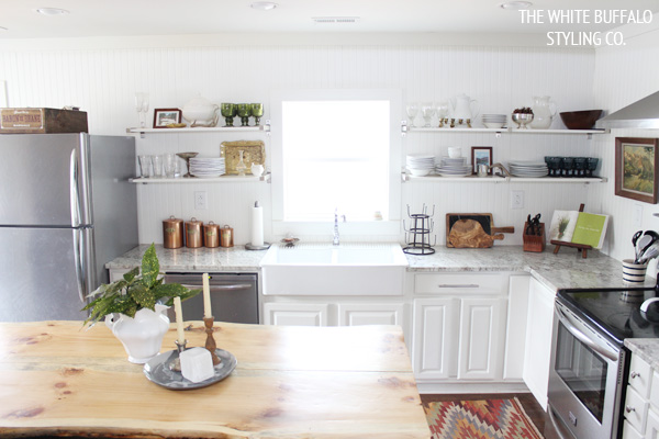 Eclectic Home Tour - love the open kitchen shelves kellyelko.com