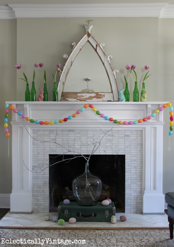 Spring Mantel Decorating Ideas - this is stunning!  See how to make the garland kellyelko.com