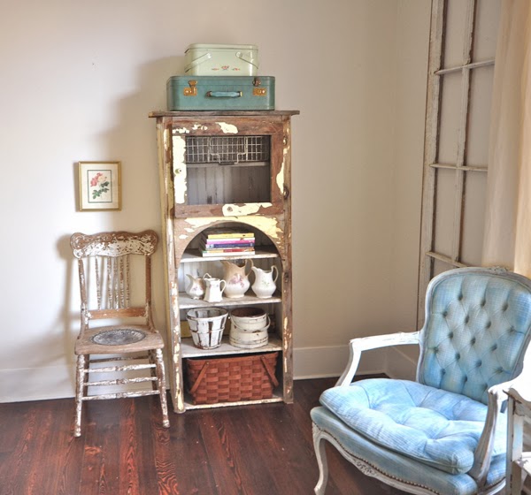 Vintage blue chair and chippy cabinet kellyelko.com