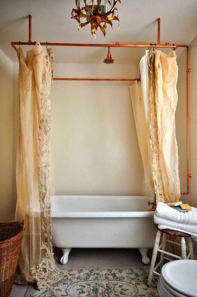 Copper pipe shower curtain and vintage bathroom kellyelko.com