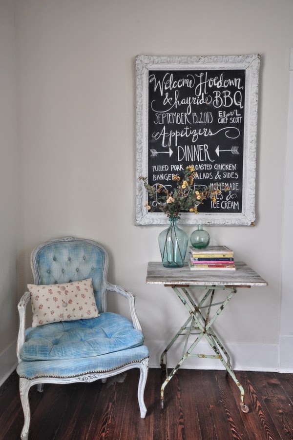 Vintage reading nook - love the chair and chalkboard kellyelko.com