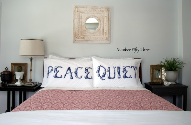 Charming bedroom - what fun Peace and Quiet pillows kellyelko.com