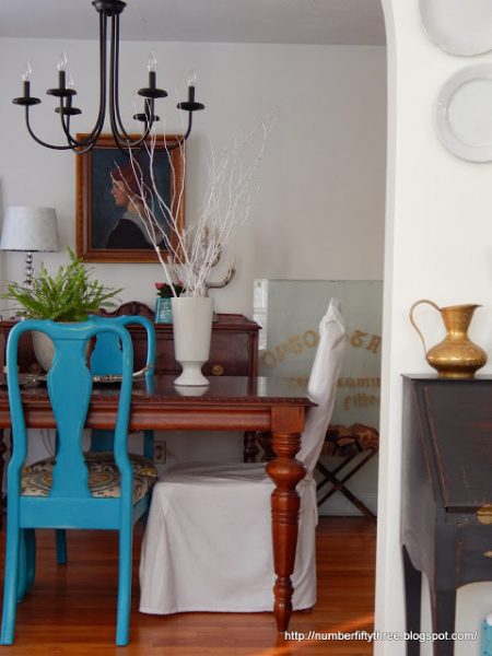 Eclectic dining room - love the blue chairs kellyelko.com