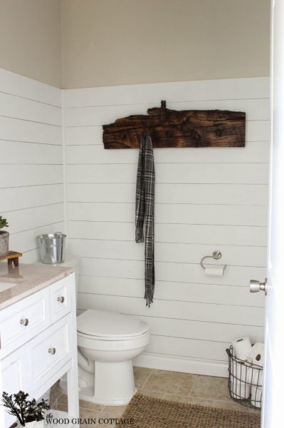 Plank wall bathroom with rustic towel holder kellyelko.com