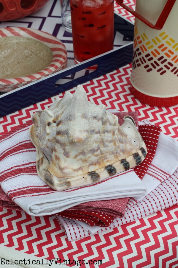 Red, white and blue decorations - love the tray and fois bois plates! kellyelko.com