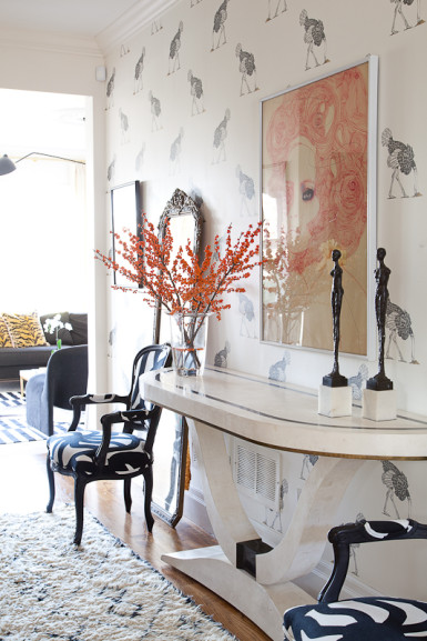 Fun foyer - love the ostrich wallpaper kellyelko.com