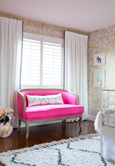 Love the hot pink settee and the pom pom curtains kellyelko.com