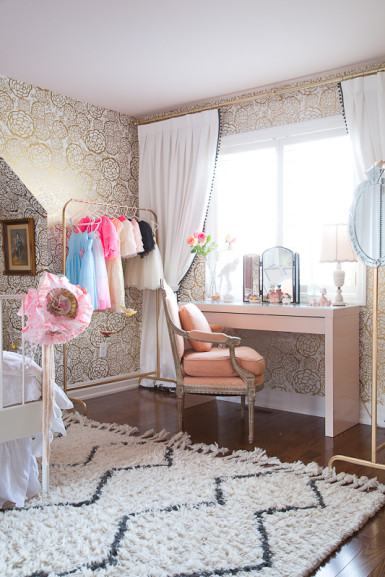 Girls room with gold wallpaper kellyelko.com