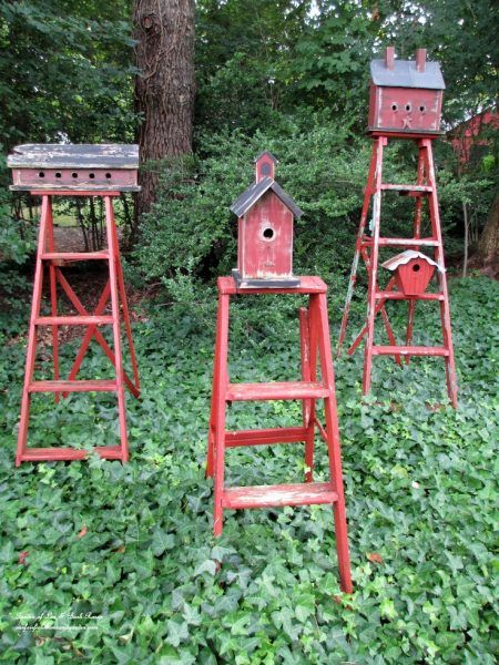 Eclectic Garden Tour - Our Fairfield Home and Garden - fun ideas like this trio of ladder birdhouses! kellyelko.com