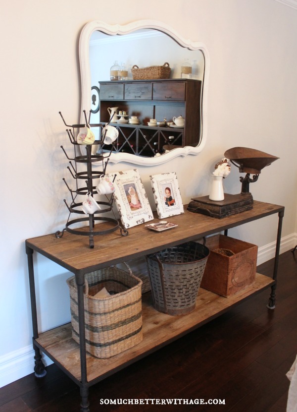 Industrial console table - love it with the vintage mirror kellyelko.com