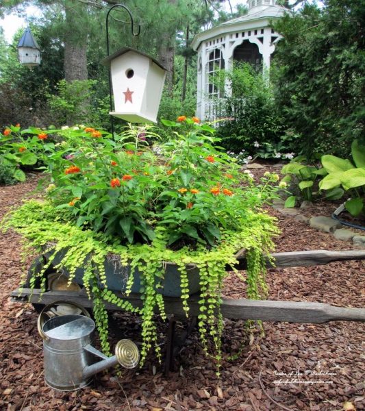 Wheelbarrow planter - one of the unique ideas in this garden tour kellyelko.com