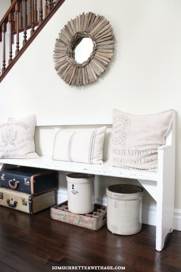 Beautiful entry - love the bench and driftwood mirror kellyelko.com