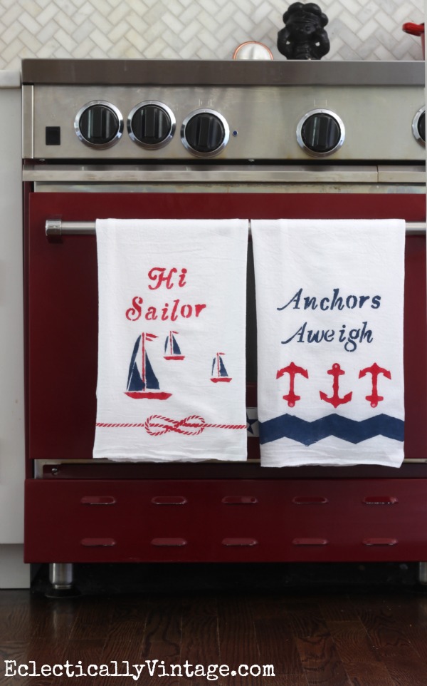 Make these nautical dishtowels and see how to paint on fabric to make it washable! kellyelko.com