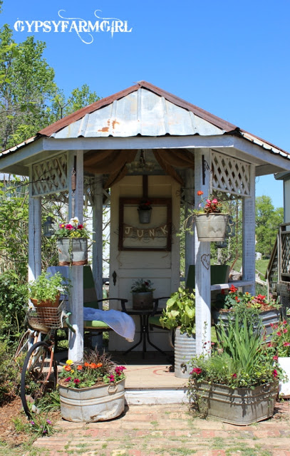 Love this gazebo and junk garden tour ecleticallyvintage.com