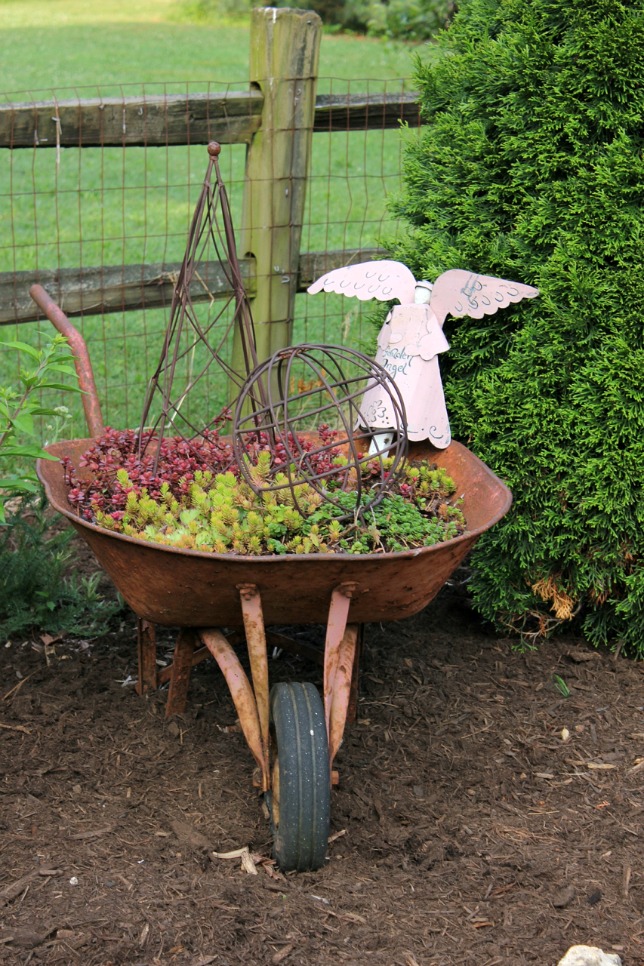 Succulent wheelbarrow planter - what a fun touch to the garden kellyelko.com