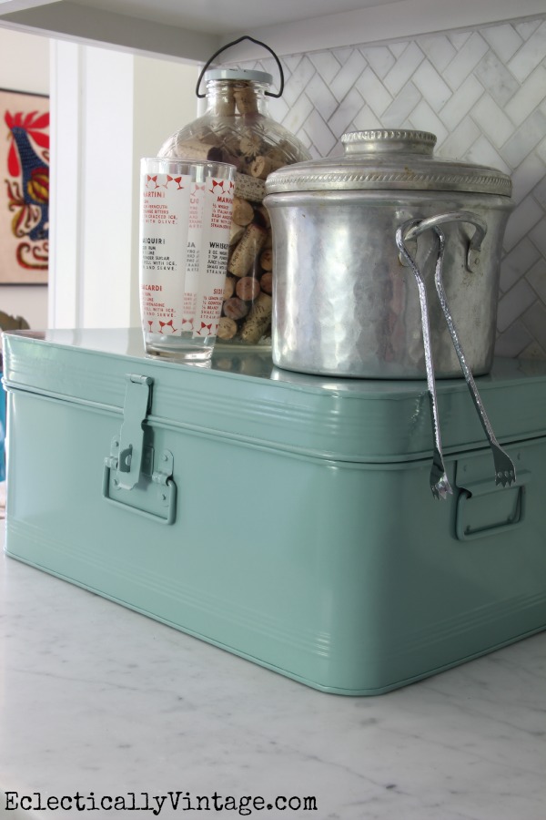 Cute vintage ice bucket and love the blue metal storage box kellyelko.com